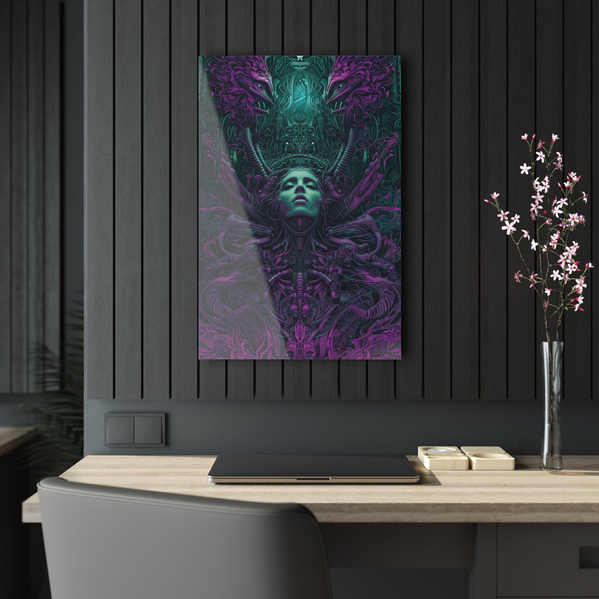 Vertical-oriented artwork: Illustration inspired artwork featuring an otherworldly queen with green skin and purple tentacles, set against a dark and mysterious background. The queen's symmetrical face and intricate design elements evoke an aura of eerie mystique.