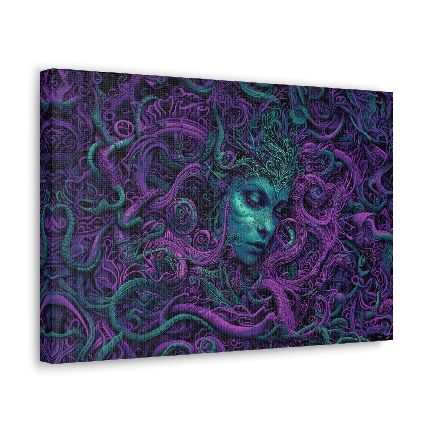 Horizontal-oriented artwork: Illustration inspired artwork featuring an otherworldly queen with green skin and purple tentacles, set against a dark and mysterious background. The queen's symmetrical face and intricate design elements evoke an aura of eerie mystique.