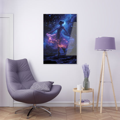 Capturing the celestial grace of a ballerina dancing amidst stars, Cosmic Ballet wall art adds an enchanting touch of cosmic elegance to your space, featuring a celestial dancer with a dress adorned by cosmic constellations with blue, pink, and purple hues.