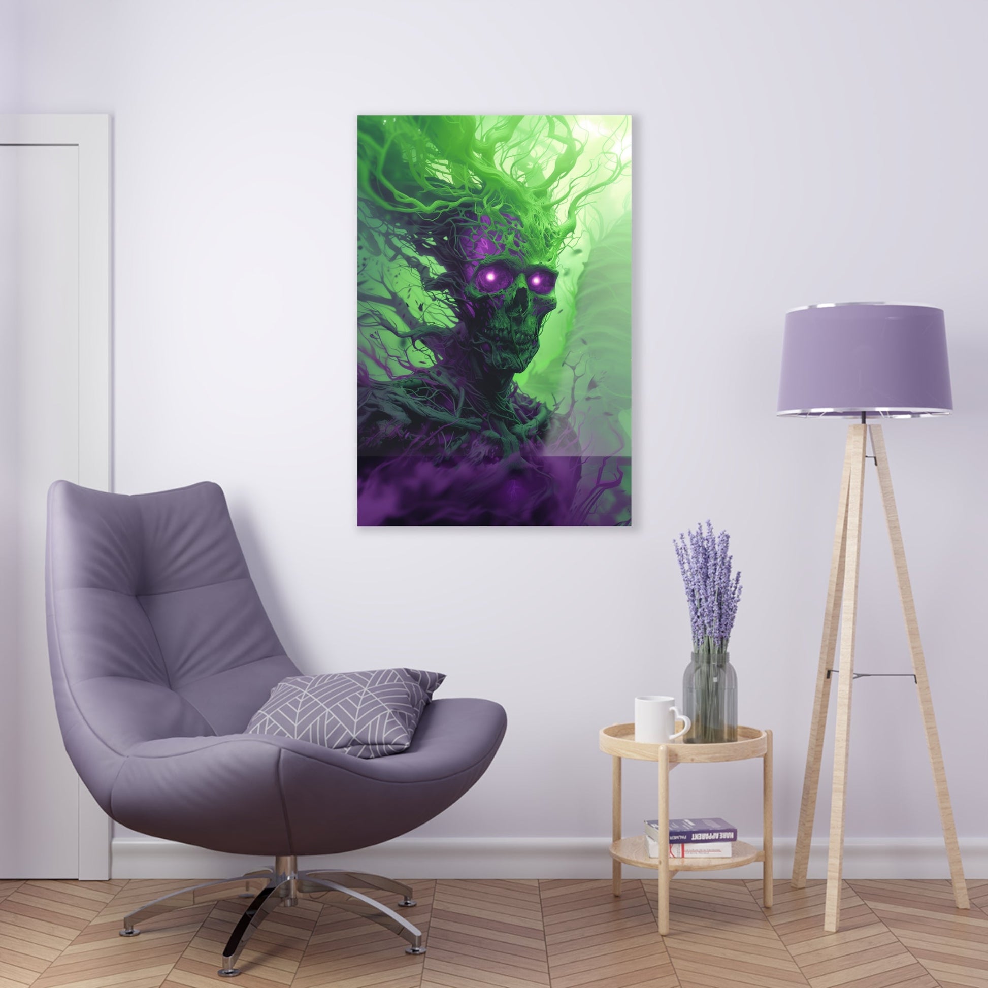 Vertical-oriented artwork: An eerie illustration featuring a mystical lich with glowing eyes, surrounded by eldritch energies in shades of green and purple, against a dark, ominous background.