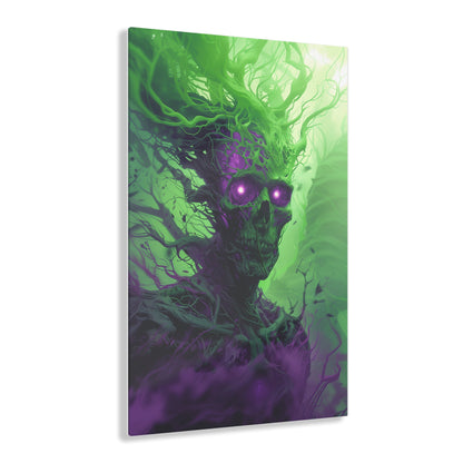 Vertical-oriented artwork: An eerie illustration featuring a mystical lich with glowing eyes, surrounded by eldritch energies in shades of green and purple, against a dark, ominous background.