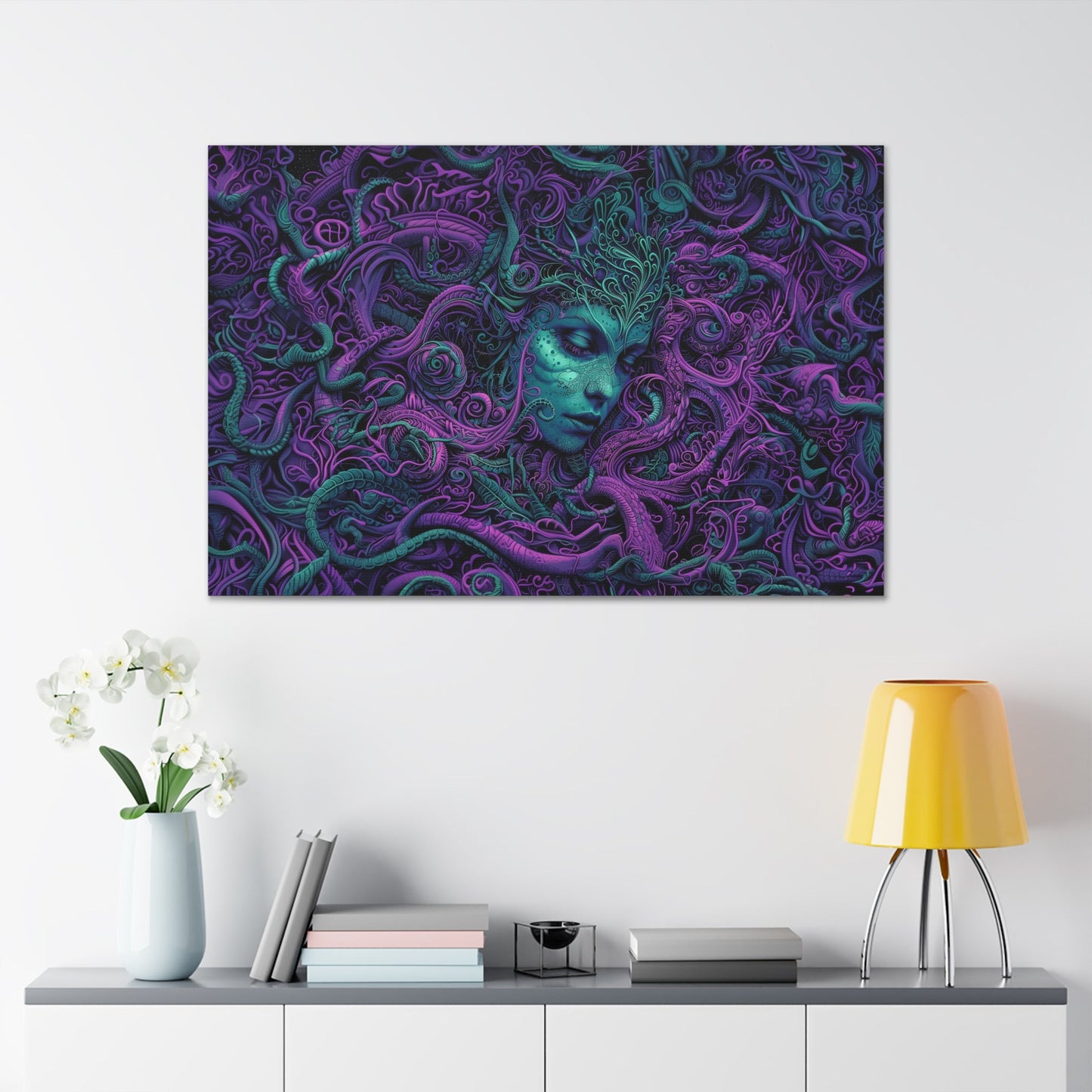 Horizontal-oriented artwork: Illustration inspired artwork featuring an otherworldly queen with green skin and purple tentacles, set against a dark and mysterious background. The queen's symmetrical face and intricate design elements evoke an aura of eerie mystique.