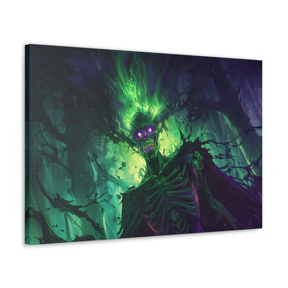 Horizontal-oriented artwork: An eerie illustration featuring a mystical lich with glowing eyes, surrounded by eldritch energies in shades of green and purple, against a dark, ominous background.