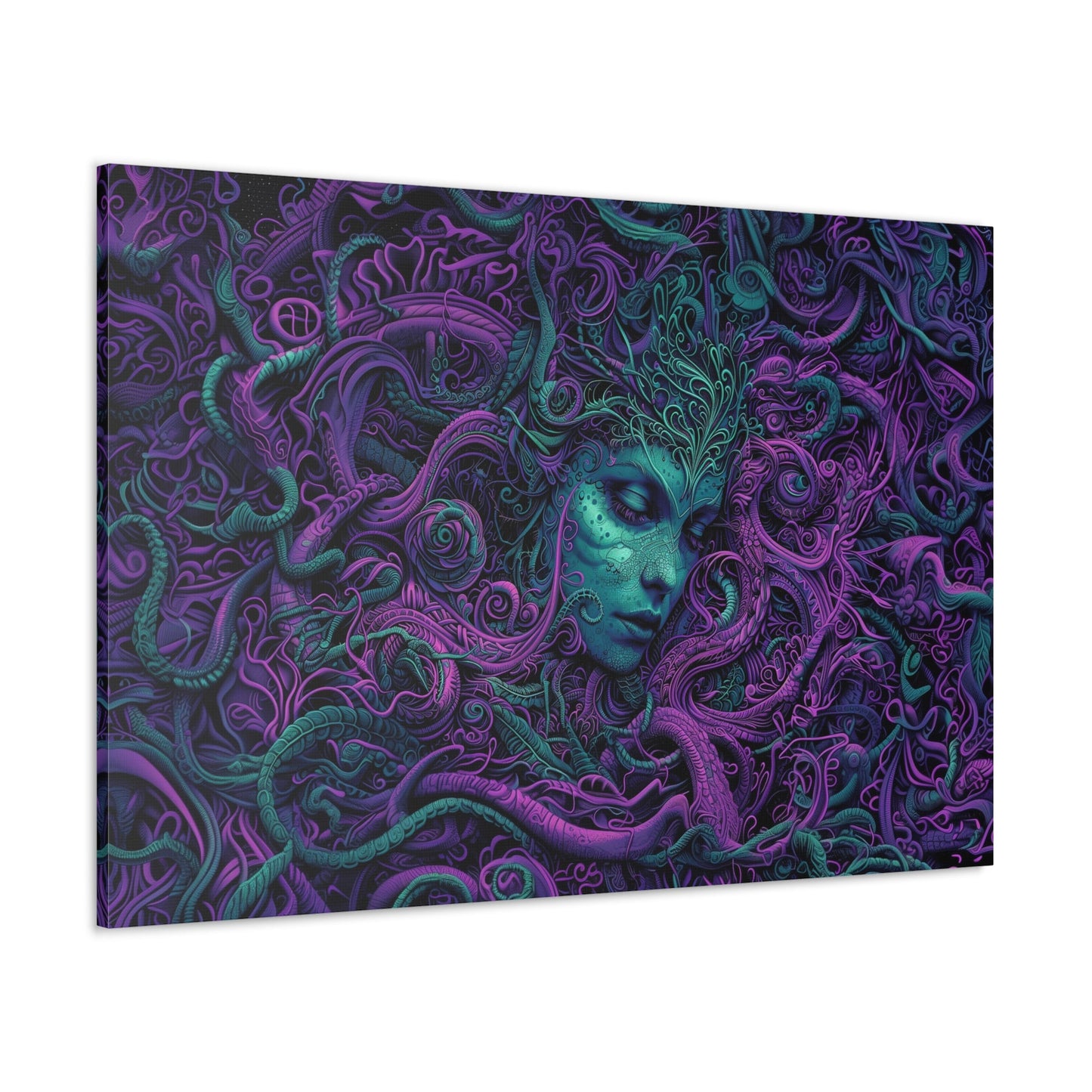 Horizontal-oriented artwork: Illustration inspired artwork featuring an otherworldly queen with green skin and purple tentacles, set against a dark and mysterious background. The queen's symmetrical face and intricate design elements evoke an aura of eerie mystique.