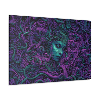 Horizontal-oriented artwork: Illustration inspired artwork featuring an otherworldly queen with green skin and purple tentacles, set against a dark and mysterious background. The queen's symmetrical face and intricate design elements evoke an aura of eerie mystique.