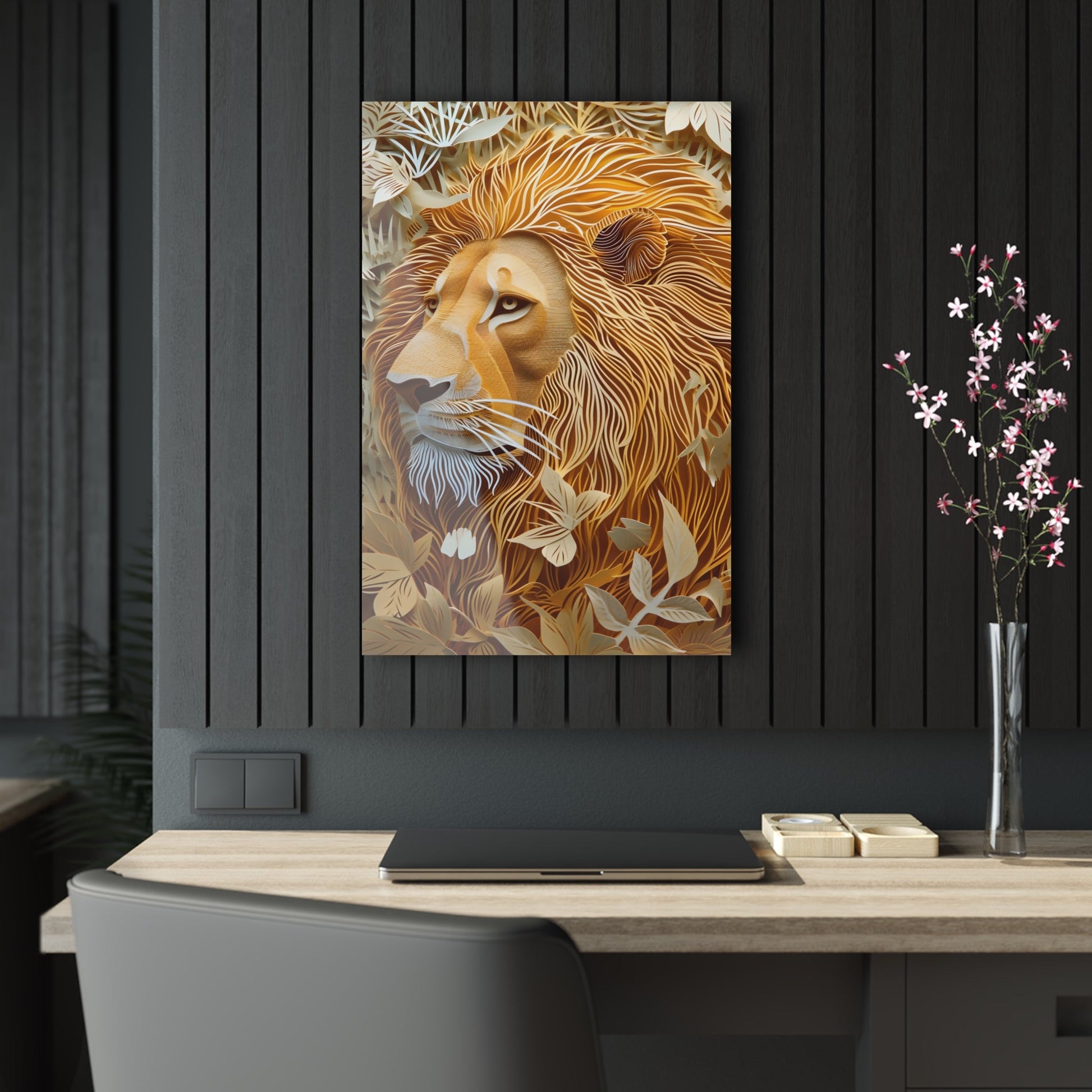 Celebrate the majestic beauty of the lion with 'Cut to the King II,' a stunning piece from our Wildlife Whims collection. This paper cutout inspired artwork captures the regal essence of the king of the jungle, with exquisite details and vibrant colors, adding a touch of the wild to your space.