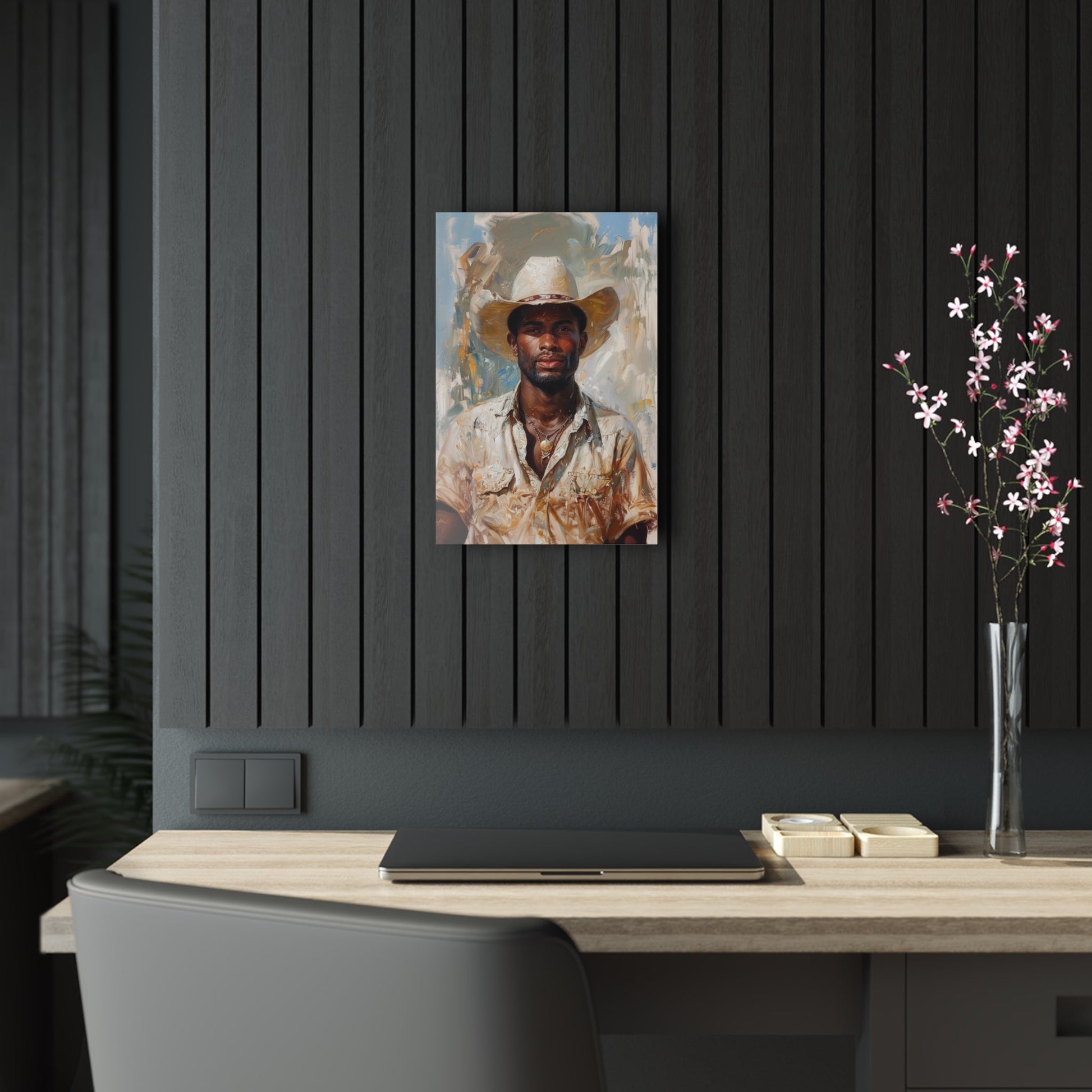 Vertical-oriented artwork: Portrait of a Cowboy IV depicts a close-up portrait of an african-american lone cowboy, his face partially obscured by a wide-brimmed hat, rendered in the Impressionist style with charming details and contrasting values, capturing the rugged beauty of the Old West.