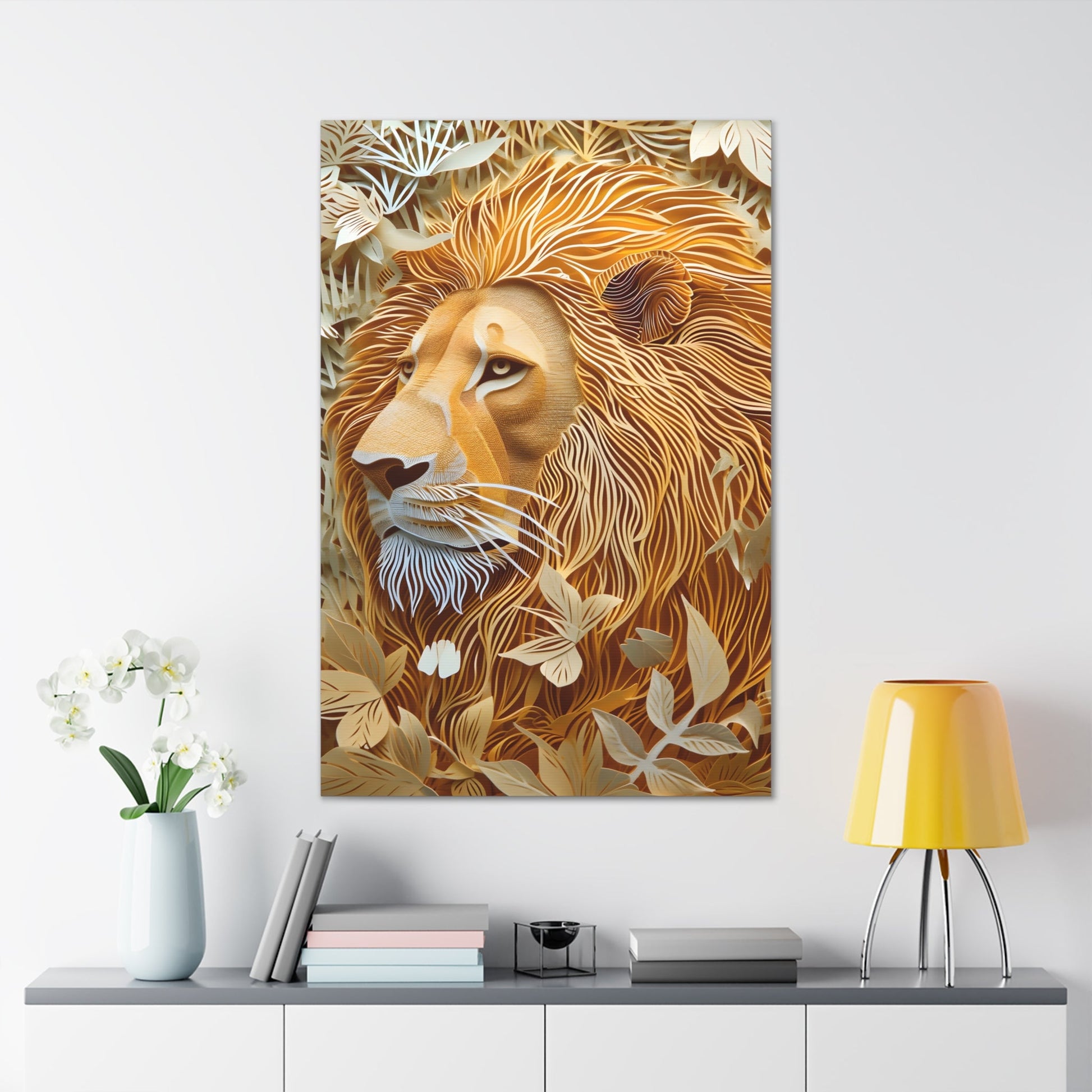 Celebrate the majestic beauty of the lion with 'Cut to the King II,' a stunning piece from our Wildlife Whims collection. This paper cutout inspired artwork captures the regal essence of the king of the jungle, with exquisite details and vibrant colors, adding a touch of the wild to your space.