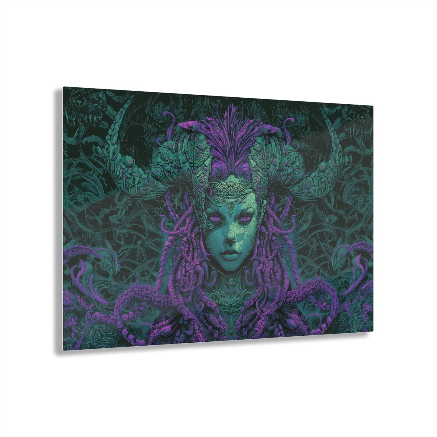 Horizontal-oriented artwork: Illustration inspired artwork featuring an otherworldly queen with green skin and purple tentacles, set against a dark and mysterious background. The queen's symmetrical face and intricate design elements evoke an aura of eerie mystique.