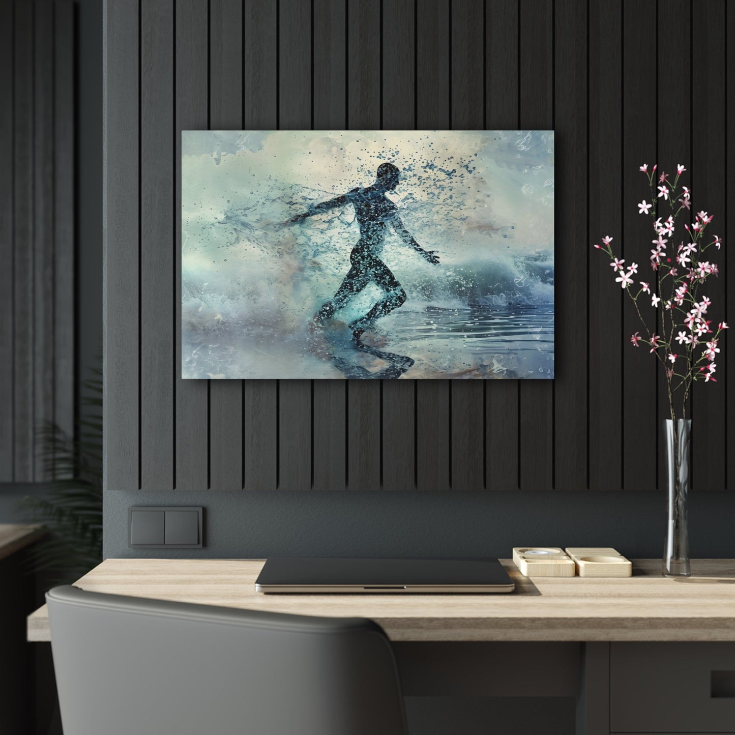 Spectral Seafarer" portrays a male silhouette dancing amid celestial oceanic waves, blending ethereal beauty with the grace of the underwater world, in a stunning display of pointillism-infused art.