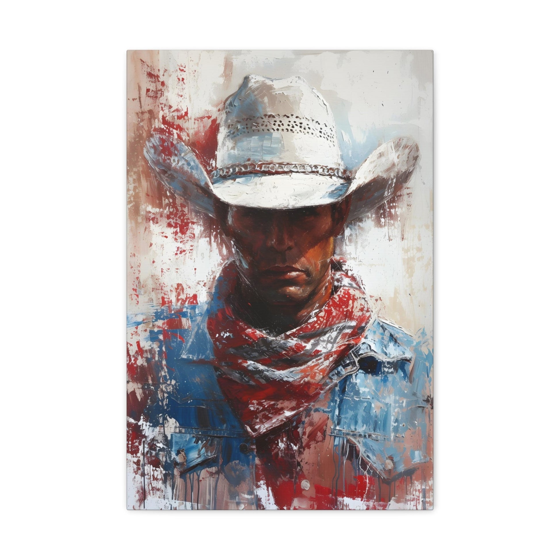 Vertical-oriented artwork: Portrait of a Cowboy II depicts a close-up portrait of a lone cowboy, his face partially obscured by a wide-brimmed hat, rendered in the Impressionist style with charming details and contrasting values, capturing the rugged beauty of the Old West.