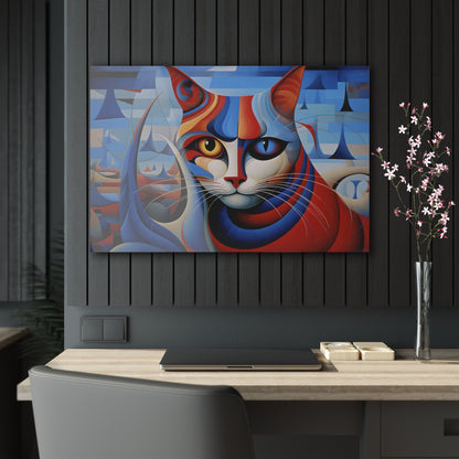 Horizontal-oriented wall art: A vibrant, cubist-inspired depiction of a cat's face, featuring bold geometric shapes and a striking mix of red, blue, and orange tones. The cat's eyes are prominently highlighted, with one eye in yellow and the other in blue, creating a captivating contrast against the abstract background.