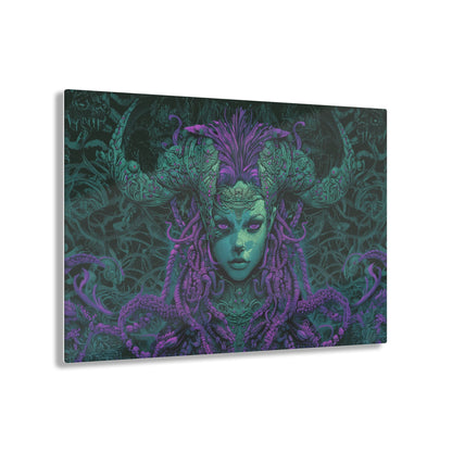 Horizontal-oriented artwork: Illustration inspired artwork featuring an otherworldly queen with green skin and purple tentacles, set against a dark and mysterious background. The queen's symmetrical face and intricate design elements evoke an aura of eerie mystique.