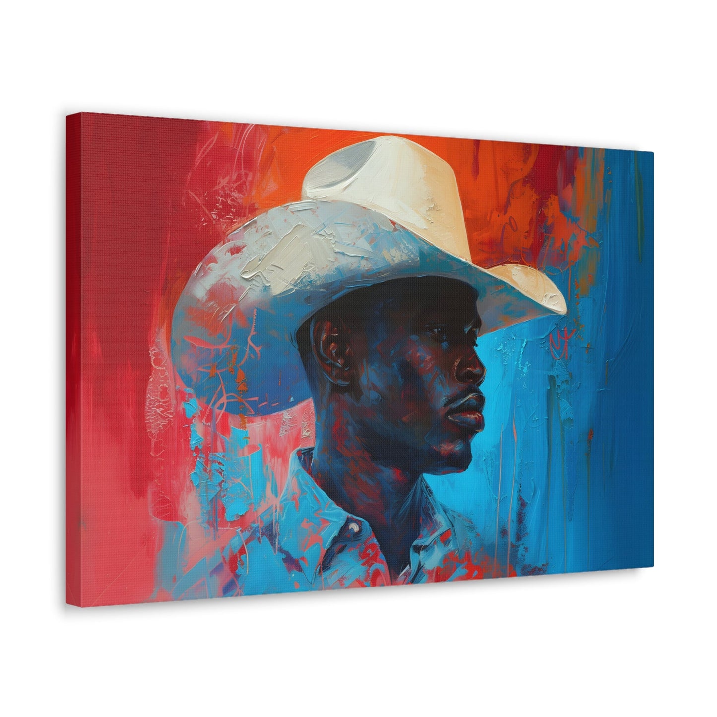 Horizontal-oriented artwork: Portrait of a Cowboy III depicts a close-up portrait of a lone cowboy, his face partially obscured by a wide-brimmed hat, rendered in the Impressionist style with charming details and contrasting values, capturing the rugged beauty of the Old West.