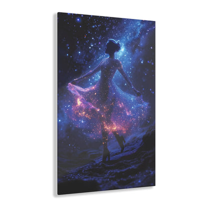 Capturing the celestial grace of a ballerina dancing amidst stars, Cosmic Ballet wall art adds an enchanting touch of cosmic elegance to your space, featuring a celestial dancer with a dress adorned by cosmic constellations with blue, pink, and purple hues.