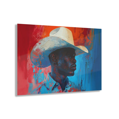 Horizontal-oriented artwork: Portrait of a Cowboy III depicts a close-up portrait of a lone cowboy, his face partially obscured by a wide-brimmed hat, rendered in the Impressionist style with charming details and contrasting values, capturing the rugged beauty of the Old West.