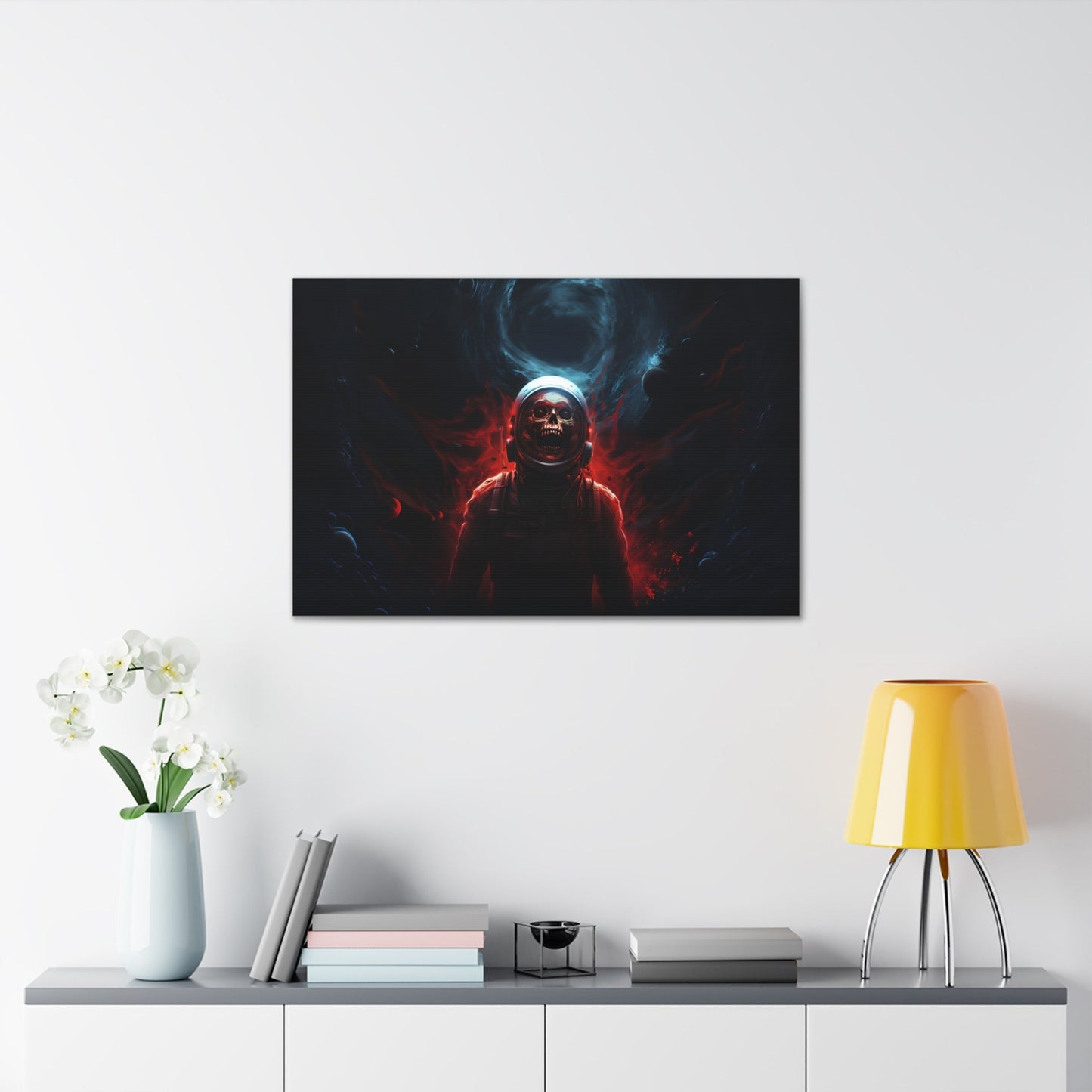 Horizontal-oriented wall art:'Cosmic Remains' from the Deep Space Dread collection features a surreal depiction of an astronaut's skeletal figure suspended in the vastness of space. The artwork showcases intricate details and cosmic hues, capturing the enigma of cosmic mysteries and otherworldly encounters.