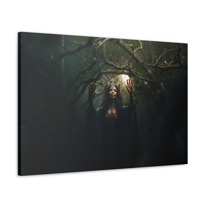 Horizontal-oriented wall art: 'Nature's Protector' from the Paragons of Play collection features a maternal druid standing amid the forest, invoking a spell to conjure protective vines. Her gentle yet powerful presence embodies the spirit of nature's defense and nurturing heart. This artwork encapsulates the harmony of natural magic and a guardian's undying dedication.