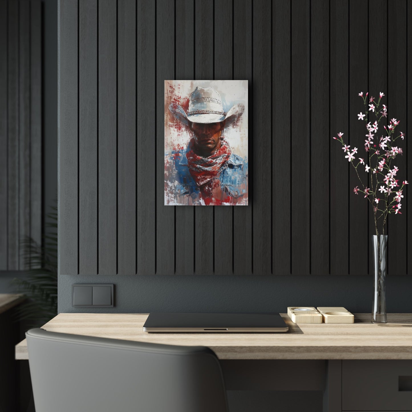 Vertical-oriented artwork: Portrait of a Cowboy II depicts a close-up portrait of a lone cowboy, his face partially obscured by a wide-brimmed hat, rendered in the Impressionist style with charming details and contrasting values, capturing the rugged beauty of the Old West.