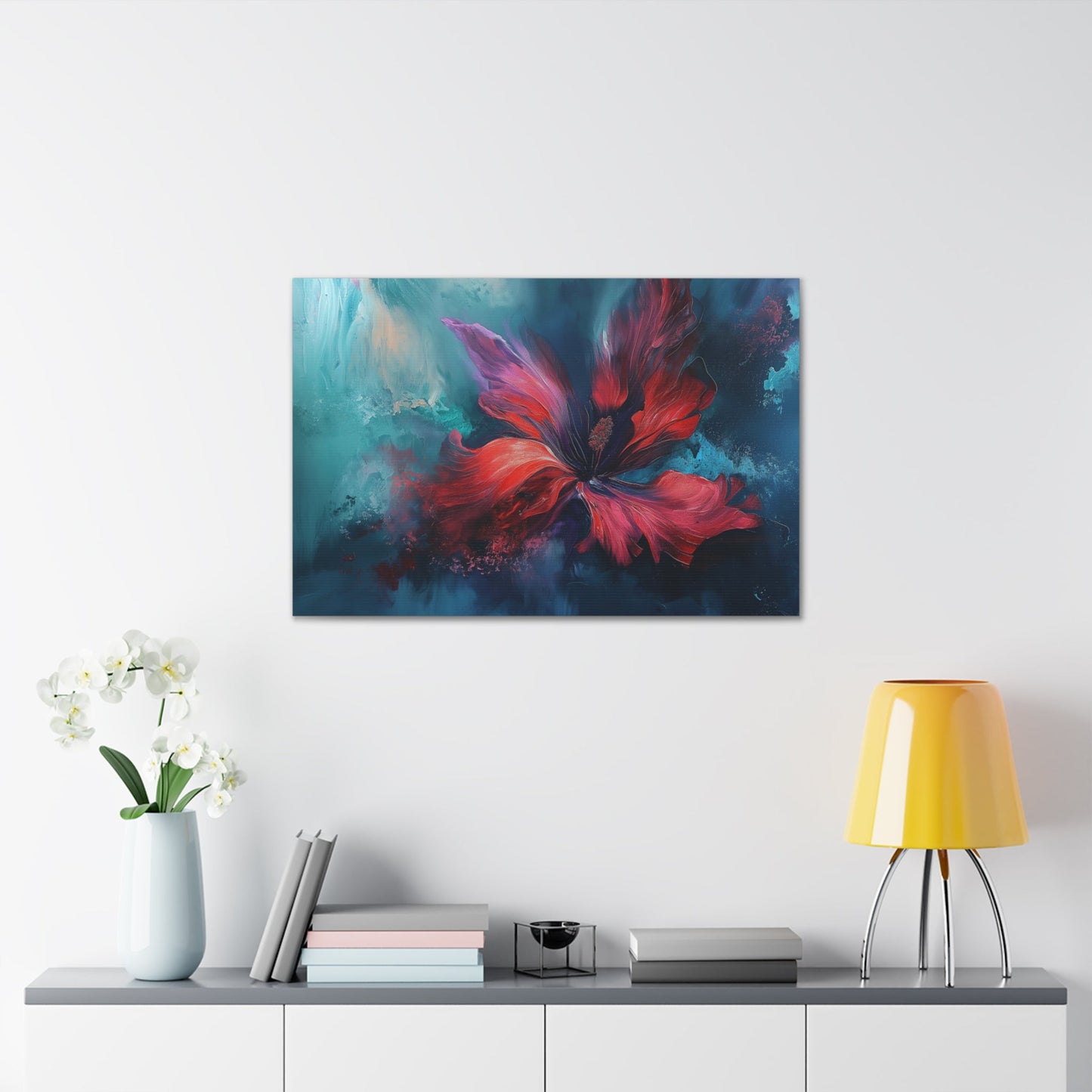 Horizontal-oriented wall art: "Crimson Bloom" A vibrant red flower in full bloom, with delicate crimson petals unfolding against a serene blue background. This abstract artwork captures the elegance and tranquility of nature, inviting a sense of calm and introspection.