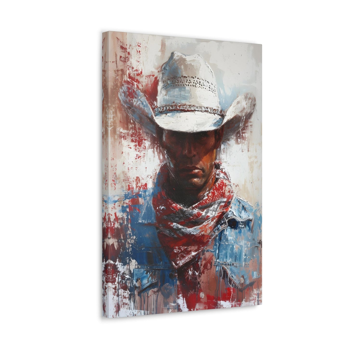 Vertical-oriented artwork: Portrait of a Cowboy II depicts a close-up portrait of a lone cowboy, his face partially obscured by a wide-brimmed hat, rendered in the Impressionist style with charming details and contrasting values, capturing the rugged beauty of the Old West.