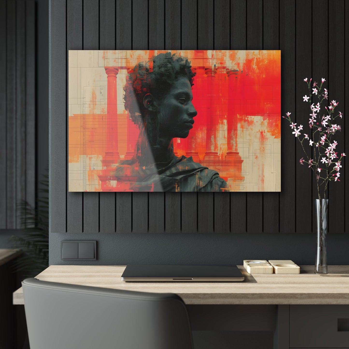 Horizontal-Oriented wall art: Digital artwork titled AfroSync from the Renaissance Rebooted collection, featuring a Renaissance-inspired male statue with an Afro-centric twist, surrounded by glitch art and vibrant red and orange tones. The image combines classical sculpture with modern digital elements, symbolizing the fusion of tradition and technology.
