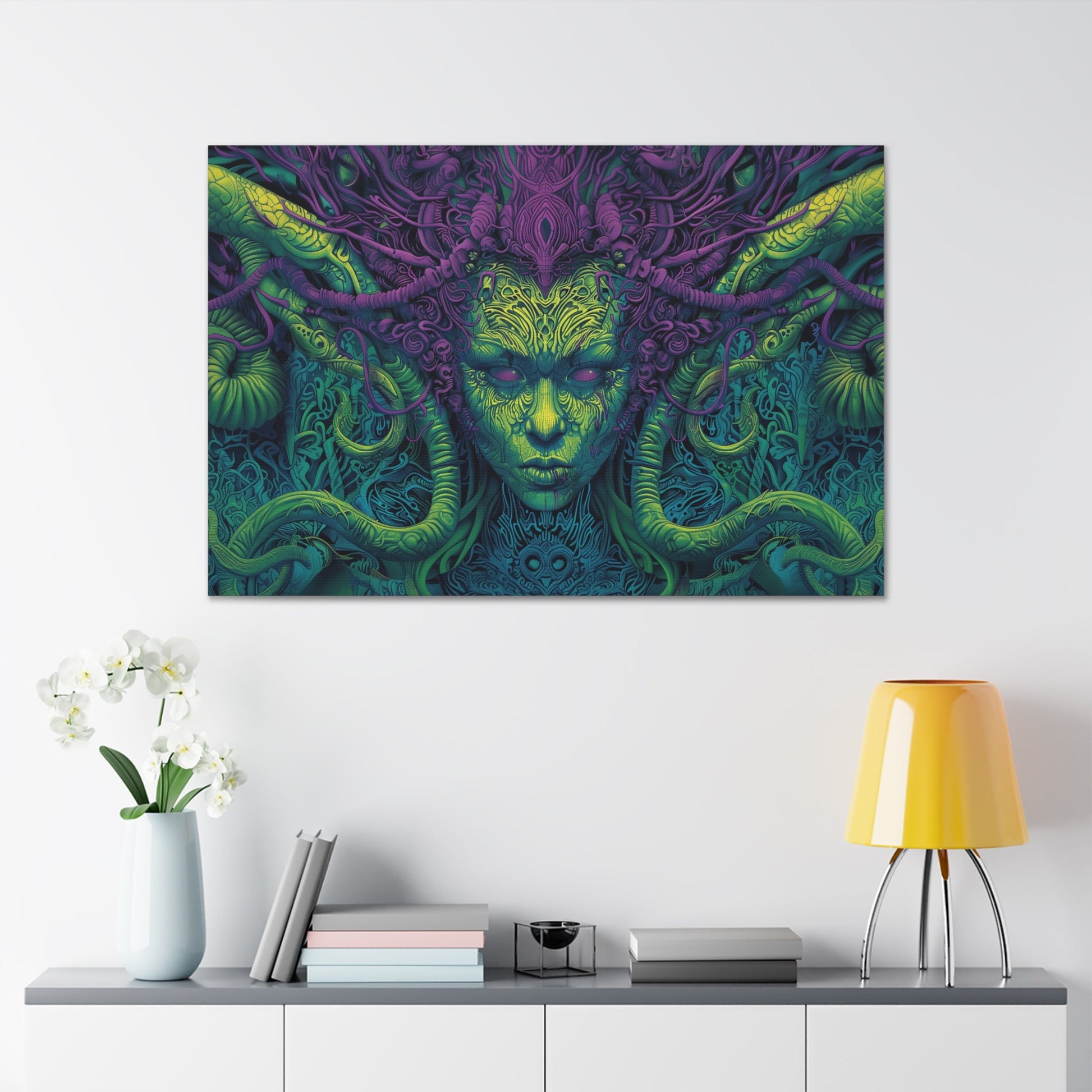 Horizontal-oriented artwork: Illustration inspired artwork featuring an otherworldly queen with green skin and purple tentacles, set against a dark and mysterious background. The queen's symmetrical face and intricate design elements evoke an aura of eerie mystique.