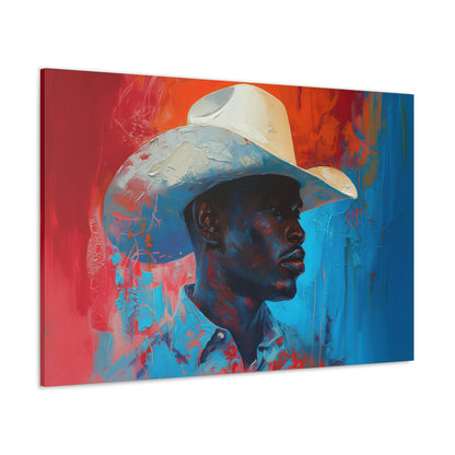 Horizontal-oriented artwork: Portrait of a Cowboy III depicts a close-up portrait of a lone cowboy, his face partially obscured by a wide-brimmed hat, rendered in the Impressionist style with charming details and contrasting values, capturing the rugged beauty of the Old West.