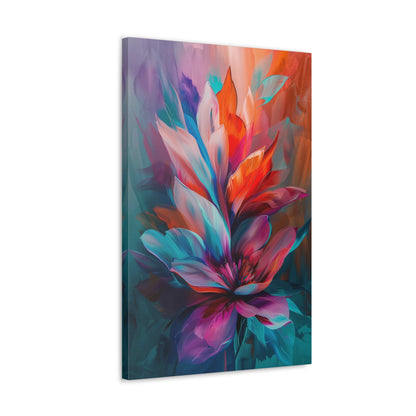 Vertical-oriented artwork: Vivid Floral Kaleidoscope - An abstract still life painting featuring a dynamic mix of colorful flowers in a kaleidoscopic arrangement, bursting with vibrant hues and intricate patterns.