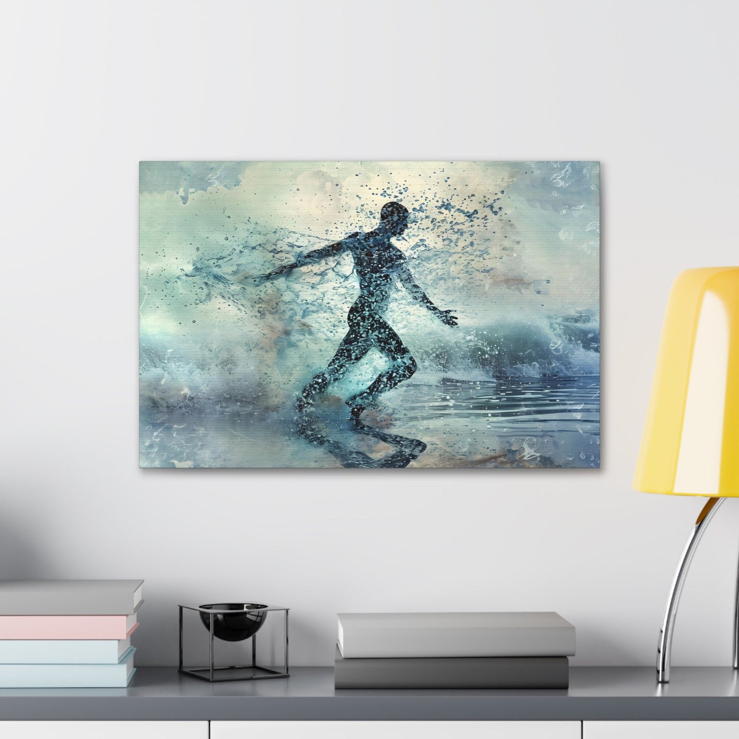 Spectral Seafarer" portrays a male silhouette dancing amid celestial oceanic waves, blending ethereal beauty with the grace of the underwater world, in a stunning display of pointillism-infused art.