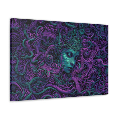 Horizontal-oriented artwork: Illustration inspired artwork featuring an otherworldly queen with green skin and purple tentacles, set against a dark and mysterious background. The queen's symmetrical face and intricate design elements evoke an aura of eerie mystique.