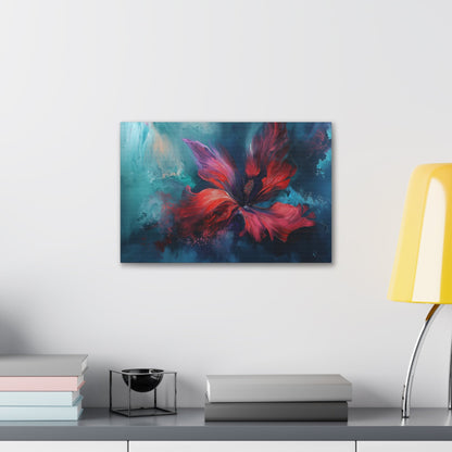 Horizontal-oriented wall art: "Crimson Bloom" A vibrant red flower in full bloom, with delicate crimson petals unfolding against a serene blue background. This abstract artwork captures the elegance and tranquility of nature, inviting a sense of calm and introspection.