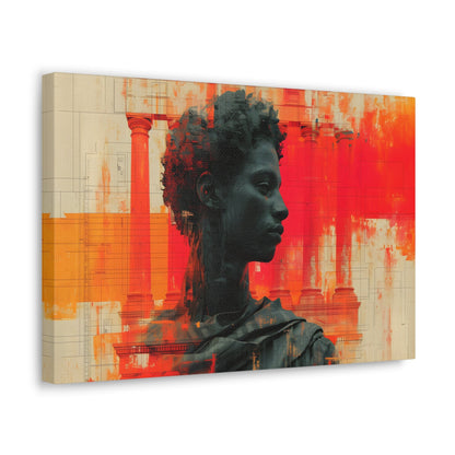 Horizontal-Oriented wall art: Digital artwork titled AfroSync from the Renaissance Rebooted collection, featuring a Renaissance-inspired male statue with an Afro-centric twist, surrounded by glitch art and vibrant red and orange tones. The image combines classical sculpture with modern digital elements, symbolizing the fusion of tradition and technology.
