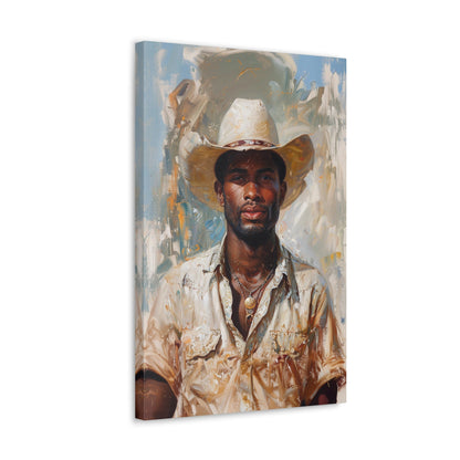 Vertical-oriented artwork: Portrait of a Cowboy IV depicts a close-up portrait of an african-american lone cowboy, his face partially obscured by a wide-brimmed hat, rendered in the Impressionist style with charming details and contrasting values, capturing the rugged beauty of the Old West.