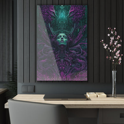 Vertical-oriented artwork: Illustration inspired artwork featuring an otherworldly queen with green skin and purple tentacles, set against a dark and mysterious background. The queen's symmetrical face and intricate design elements evoke an aura of eerie mystique.