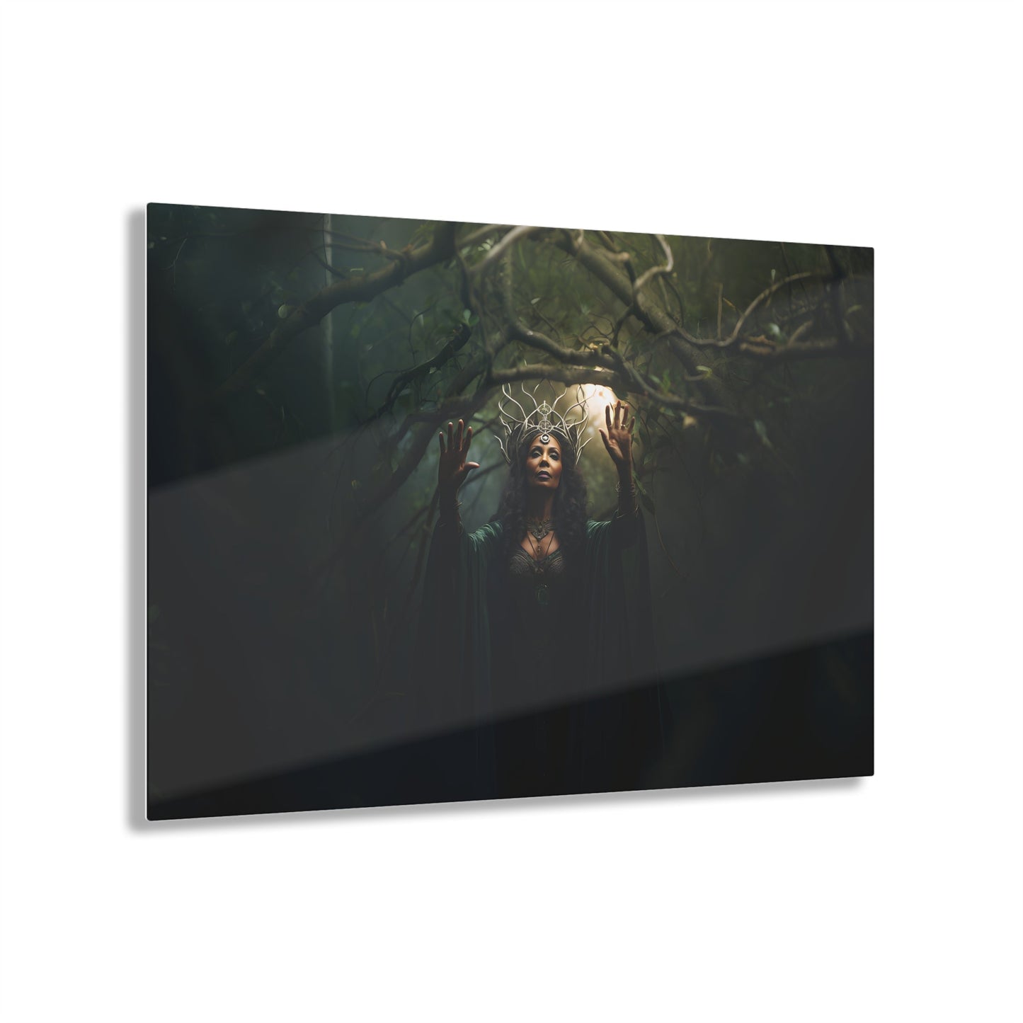 Horizontal-oriented wall art: 'Nature's Protector' from the Paragons of Play collection features a maternal druid standing amid the forest, invoking a spell to conjure protective vines. Her gentle yet powerful presence embodies the spirit of nature's defense and nurturing heart. This artwork encapsulates the harmony of natural magic and a guardian's undying dedication.