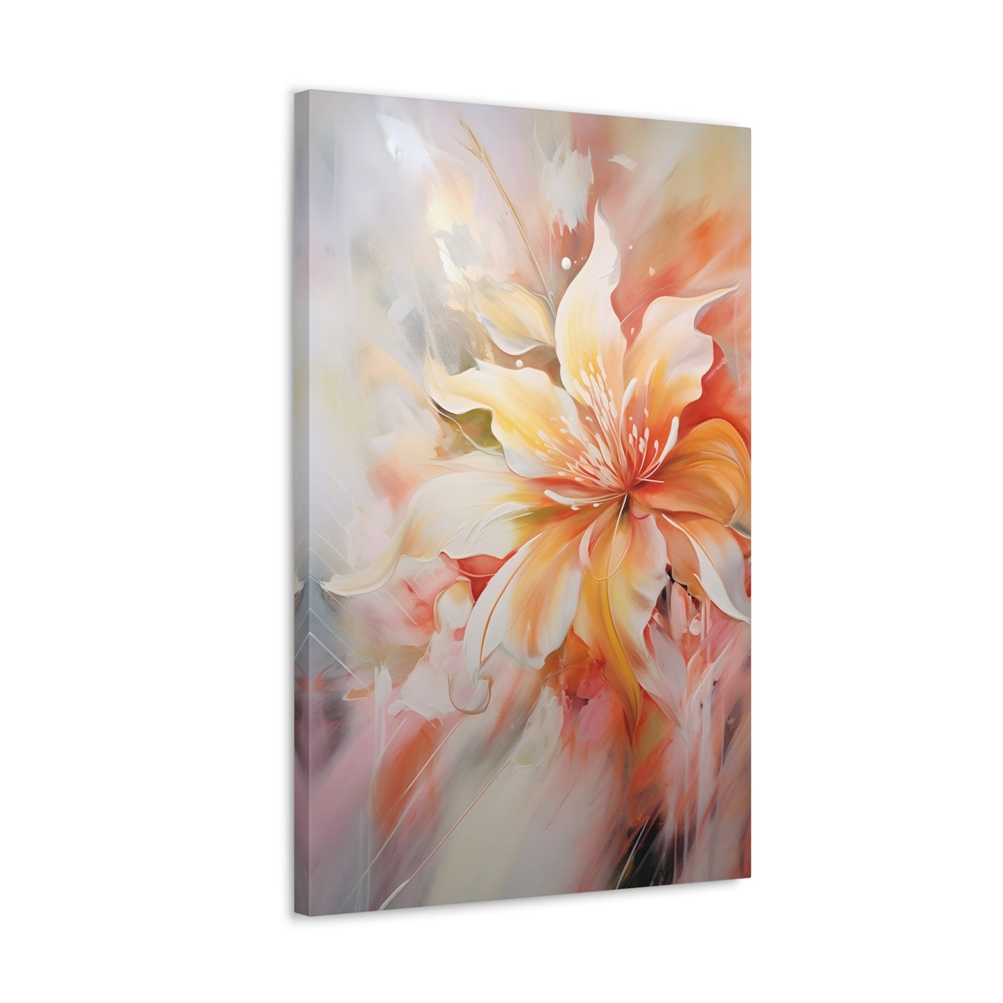 Vertical-Oriented wall art: "Whispering Ivory II" A soft, ivory-colored flower with gentle petals in shades of cream, peach, and blush, captured in flowing brushstrokes. This abstract artwork exudes tranquility and elegance, creating a serene atmosphere.