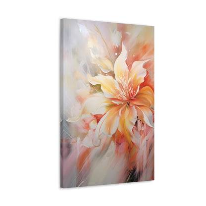 Vertical-Oriented wall art: "Whispering Ivory II" A soft, ivory-colored flower with gentle petals in shades of cream, peach, and blush, captured in flowing brushstrokes. This abstract artwork exudes tranquility and elegance, creating a serene atmosphere.