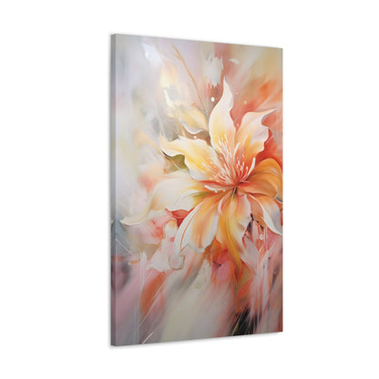 Vertical-Oriented wall art: "Whispering Ivory II" A soft, ivory-colored flower with gentle petals in shades of cream, peach, and blush, captured in flowing brushstrokes. This abstract artwork exudes tranquility and elegance, creating a serene atmosphere.