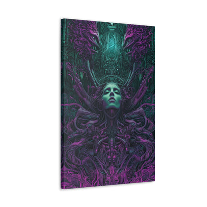 Vertical-oriented artwork: Illustration inspired artwork featuring an otherworldly queen with green skin and purple tentacles, set against a dark and mysterious background. The queen's symmetrical face and intricate design elements evoke an aura of eerie mystique.