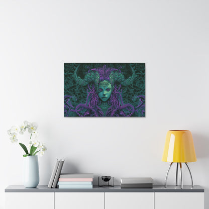 Horizontal-oriented artwork: Illustration inspired artwork featuring an otherworldly queen with green skin and purple tentacles, set against a dark and mysterious background. The queen's symmetrical face and intricate design elements evoke an aura of eerie mystique.