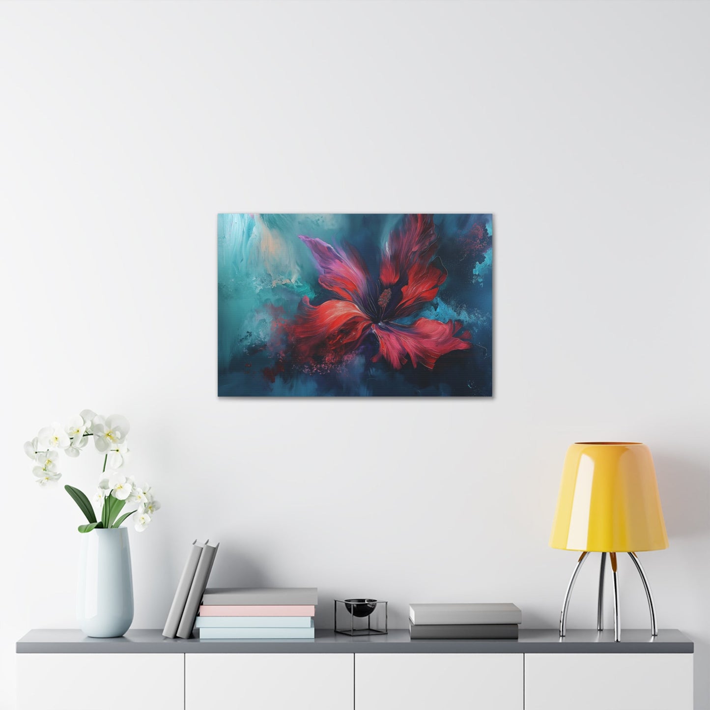 Horizontal-oriented wall art: "Crimson Bloom" A vibrant red flower in full bloom, with delicate crimson petals unfolding against a serene blue background. This abstract artwork captures the elegance and tranquility of nature, inviting a sense of calm and introspection.