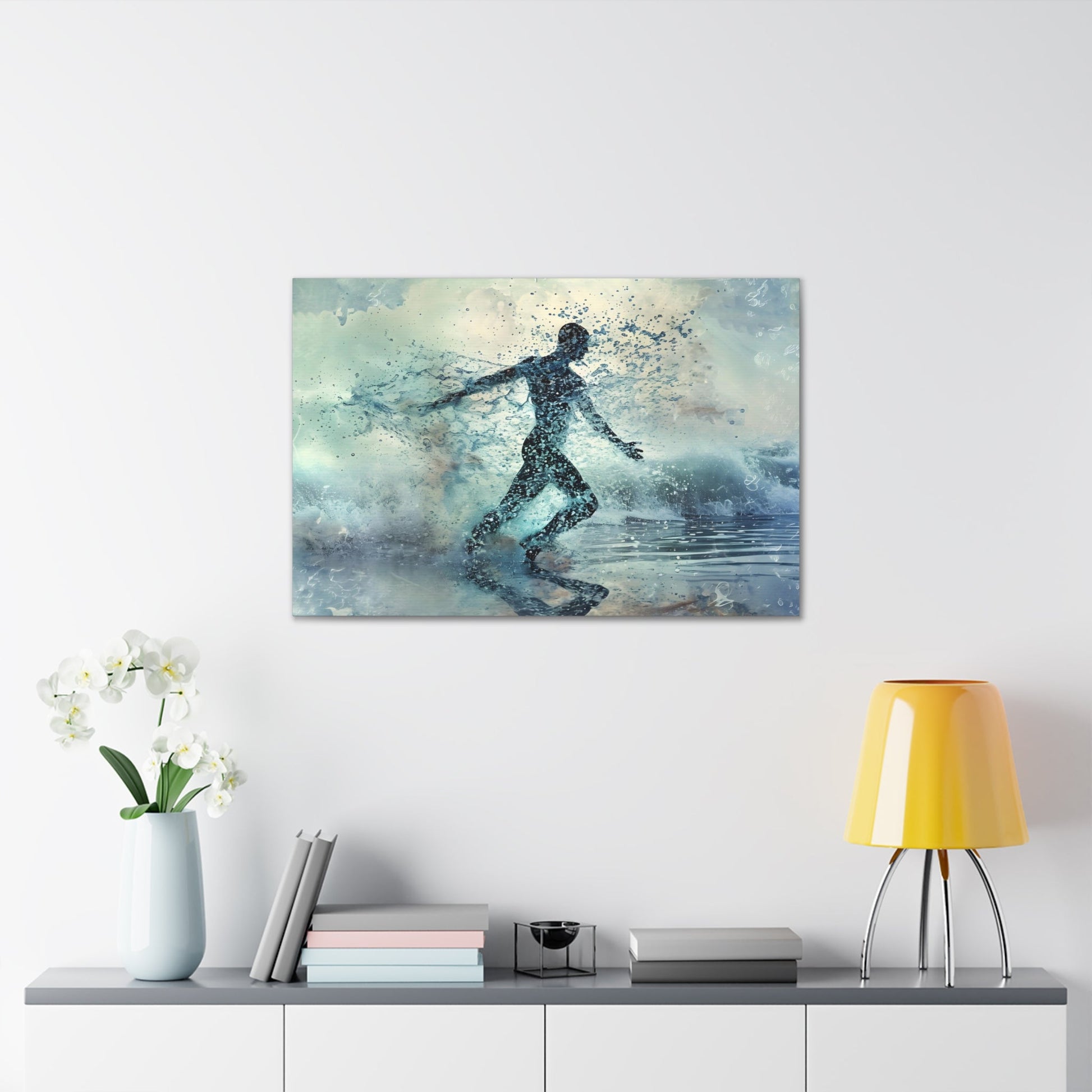 Spectral Seafarer" portrays a male silhouette dancing amid celestial oceanic waves, blending ethereal beauty with the grace of the underwater world, in a stunning display of pointillism-infused art.