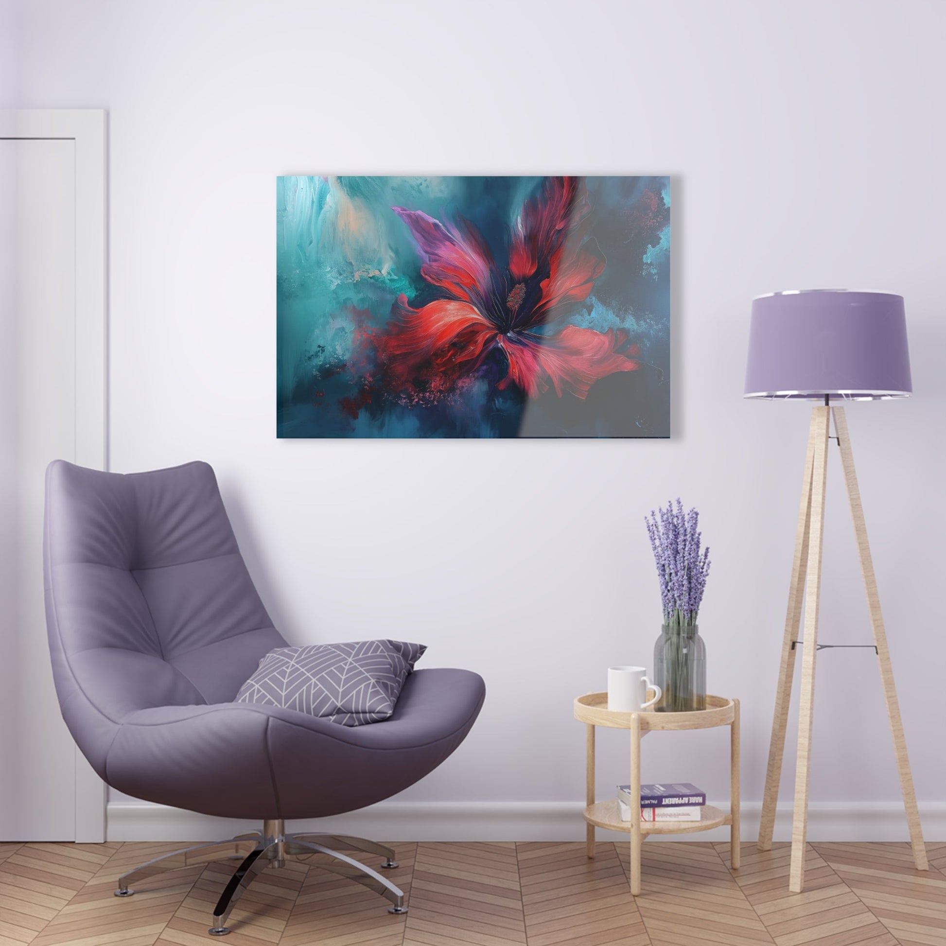 Horizontal-oriented wall art: "Crimson Bloom" A vibrant red flower in full bloom, with delicate crimson petals unfolding against a serene blue background. This abstract artwork captures the elegance and tranquility of nature, inviting a sense of calm and introspection.