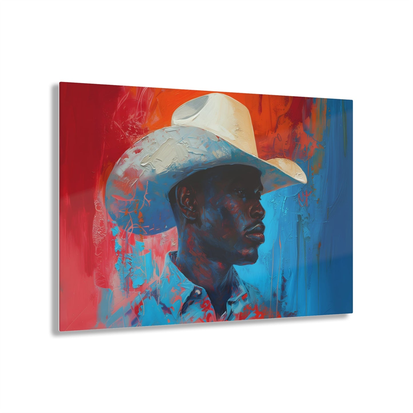 Horizontal-oriented artwork: Portrait of a Cowboy III depicts a close-up portrait of a lone cowboy, his face partially obscured by a wide-brimmed hat, rendered in the Impressionist style with charming details and contrasting values, capturing the rugged beauty of the Old West.