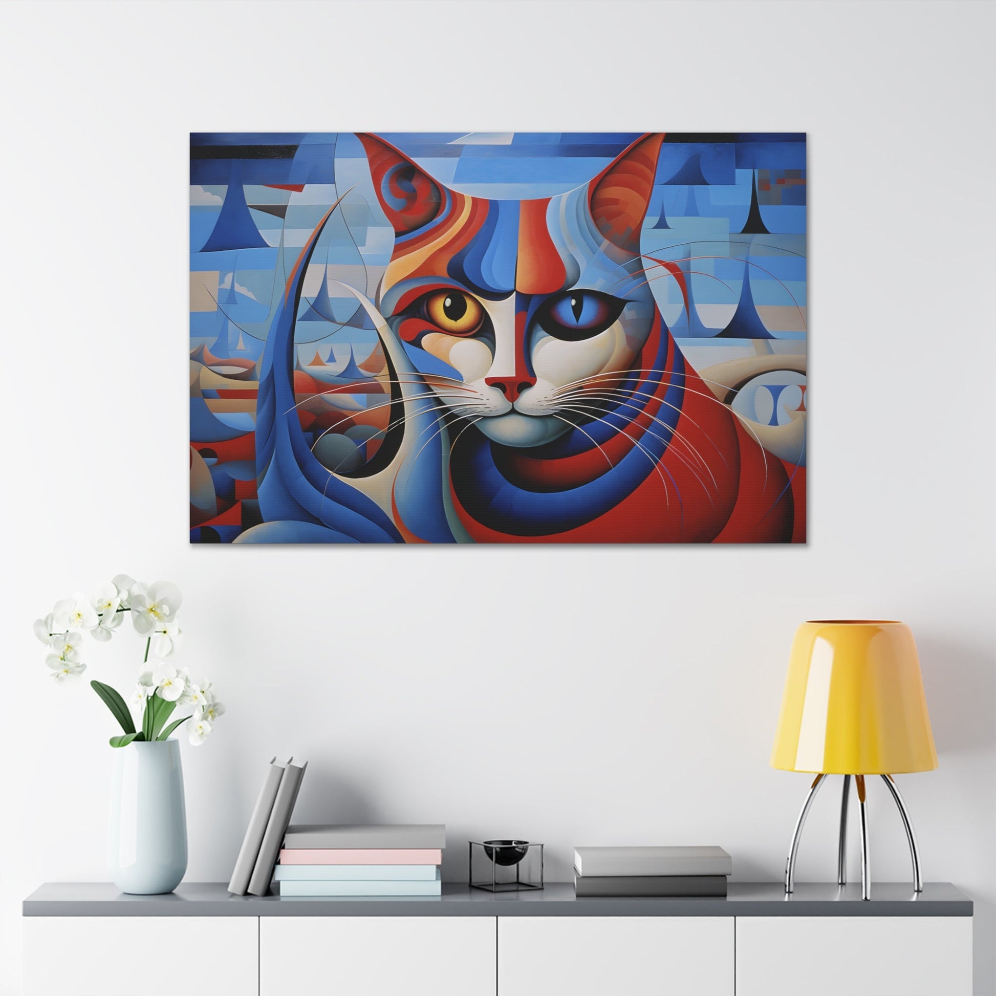 Horizontal-oriented wall art: A vibrant, cubist-inspired depiction of a cat's face, featuring bold geometric shapes and a striking mix of red, blue, and orange tones. The cat's eyes are prominently highlighted, with one eye in yellow and the other in blue, creating a captivating contrast against the abstract background.