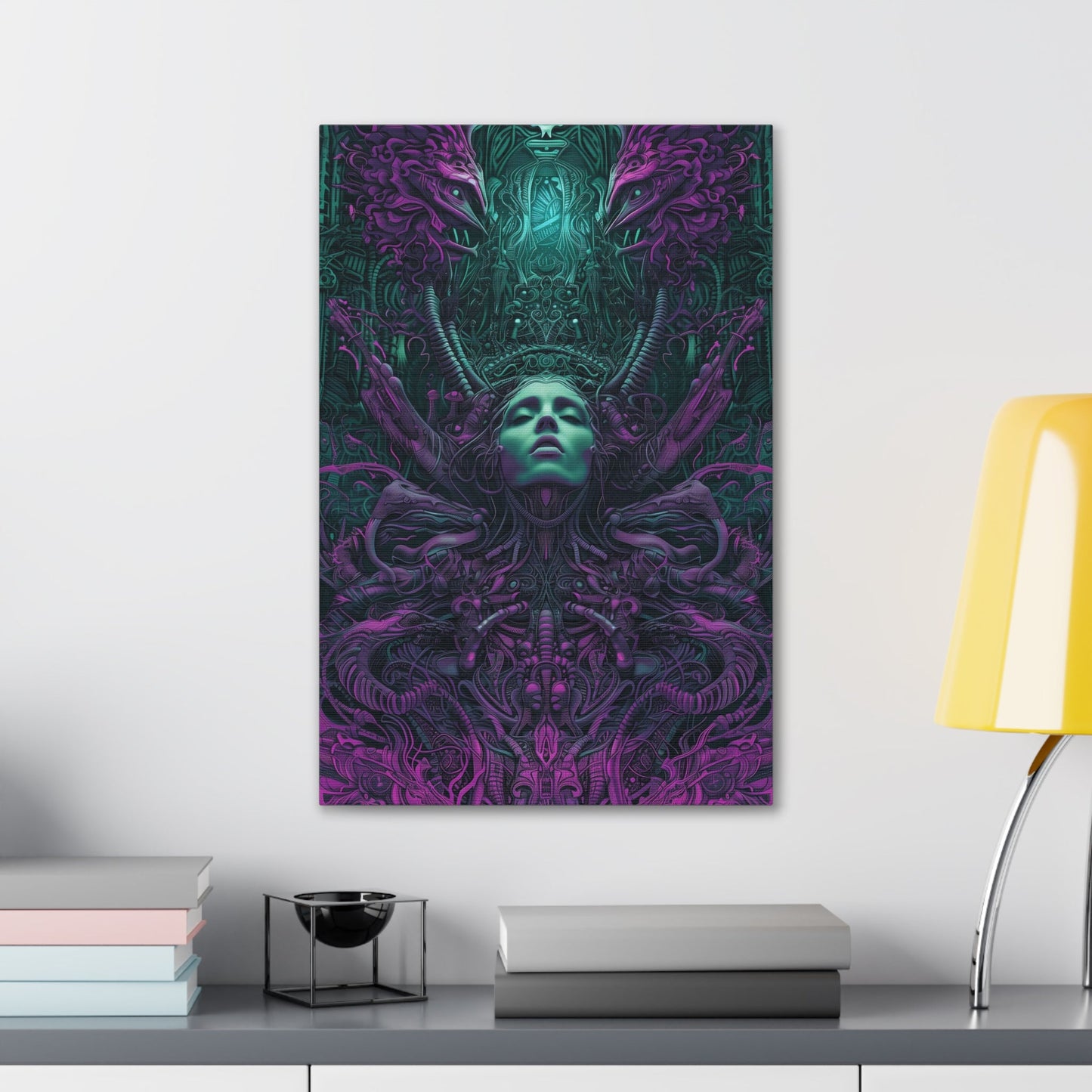 Vertical-oriented artwork: Illustration inspired artwork featuring an otherworldly queen with green skin and purple tentacles, set against a dark and mysterious background. The queen's symmetrical face and intricate design elements evoke an aura of eerie mystique.