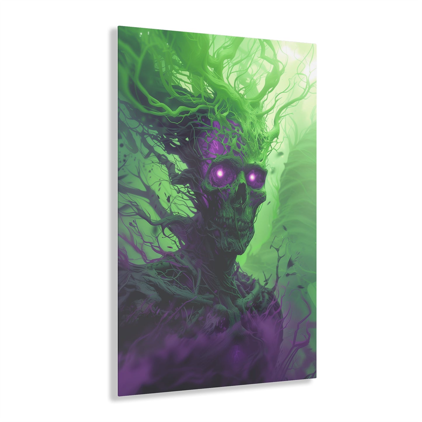 Vertical-oriented artwork: An eerie illustration featuring a mystical lich with glowing eyes, surrounded by eldritch energies in shades of green and purple, against a dark, ominous background.