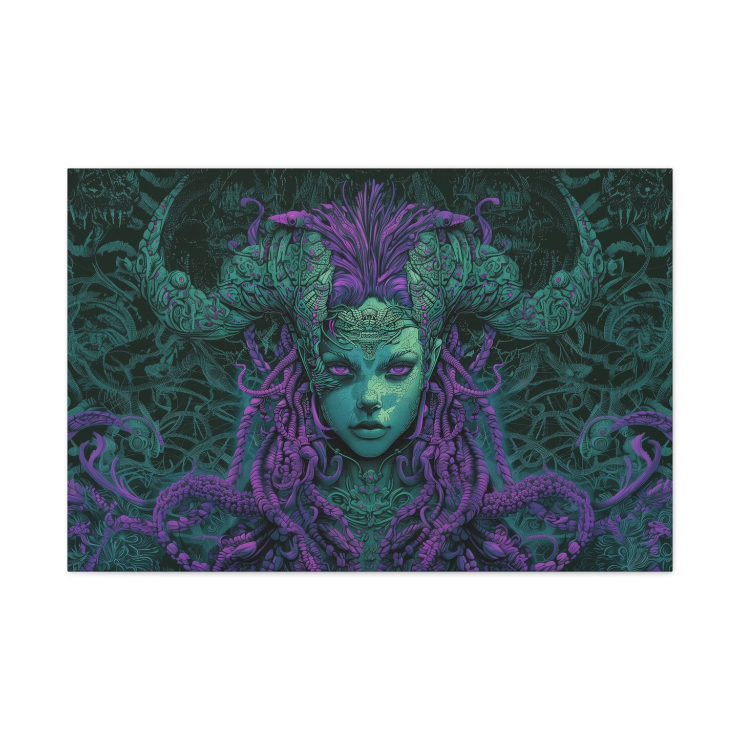 Horizontal-oriented artwork: Illustration inspired artwork featuring an otherworldly queen with green skin and purple tentacles, set against a dark and mysterious background. The queen's symmetrical face and intricate design elements evoke an aura of eerie mystique.