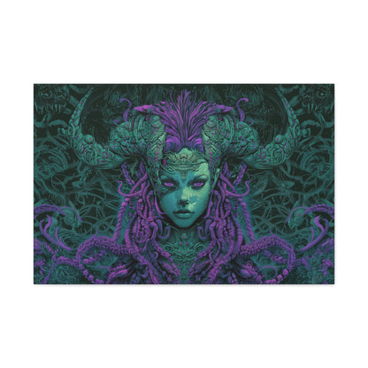 Horizontal-oriented artwork: Illustration inspired artwork featuring an otherworldly queen with green skin and purple tentacles, set against a dark and mysterious background. The queen's symmetrical face and intricate design elements evoke an aura of eerie mystique.